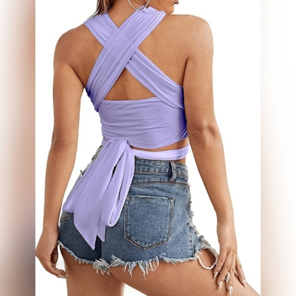 🌞Cross Halter Wrap Top Wrap Cutout Crop Top Sexy - Picture 3 of 4